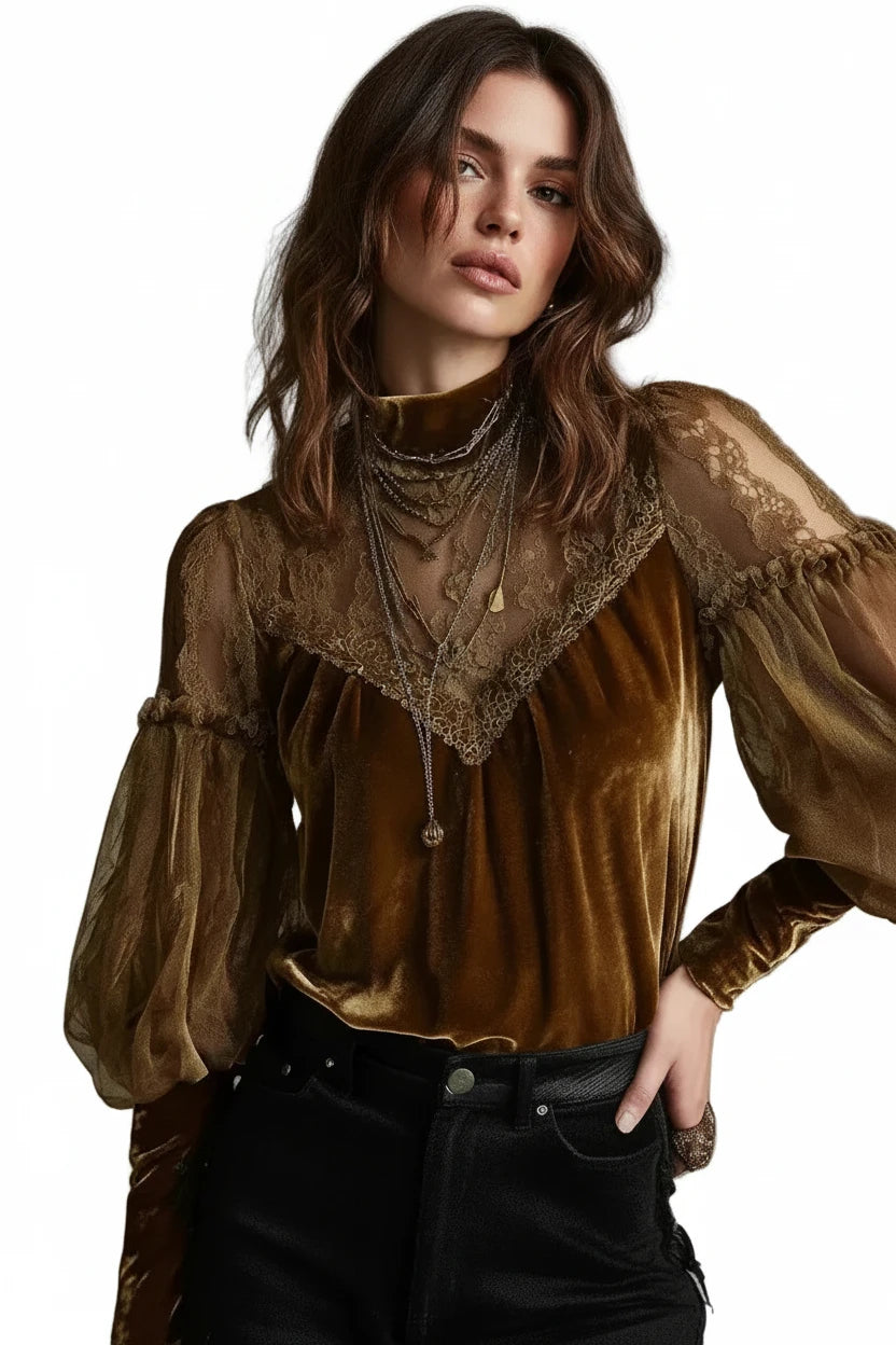 🍒Velvet shirt for women fashion long-sleeve turtleneck chiffon top vintage blouses for ladies retro puff sleeves mesh tops occassion partywear clothimg CHIFFON To Vint-ricate Vibing VELVET