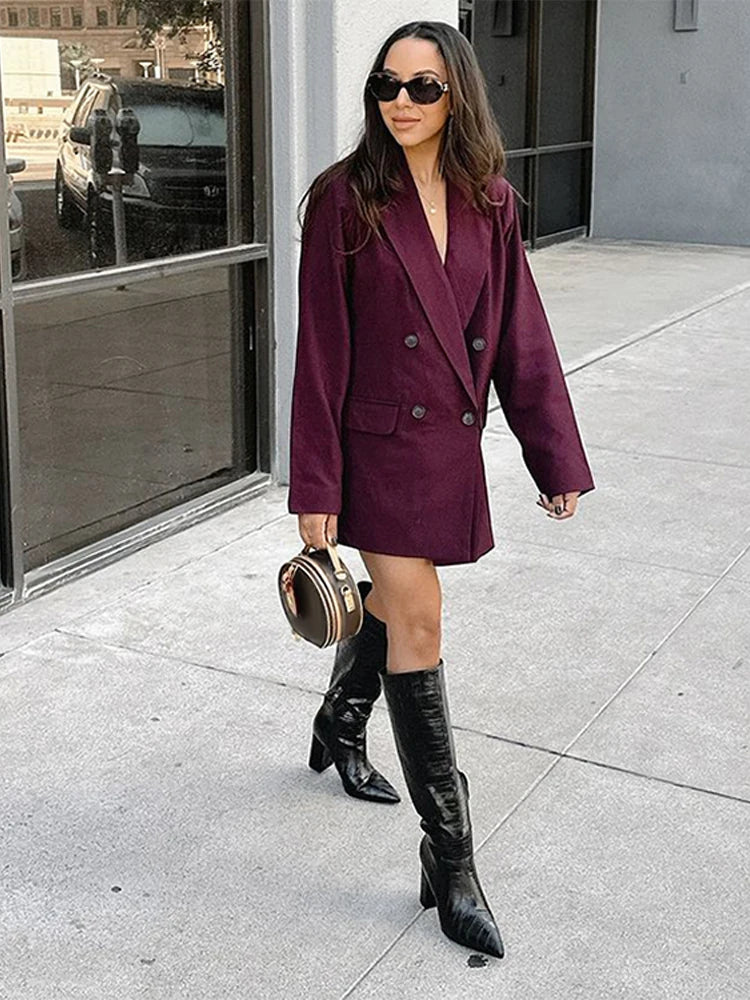 🍒Wine red blazer women's double breasted Jacket elegant suit coat female lapel long sleeveb outerwear officewear solid-fashion Its Time For Wine