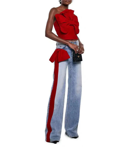 🍒Women's spring/autumn style Jeans fashion versatile slim Fit casual pants with linear and  bow detail decoration tie bow trousers  flared leg denim Line Up For These Bow Lines