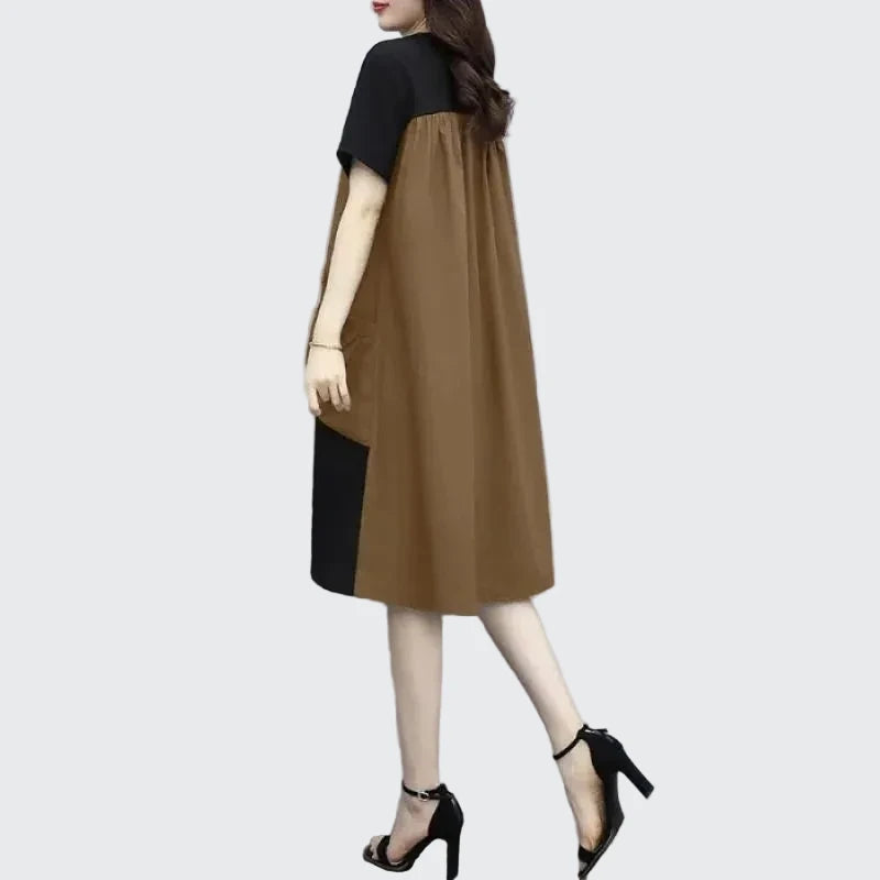 🍒Street style fashion dress t-shirt style short sleeve round neck outfit smart casual women's patchwork and pocket summer wear Patch Up Your Fashion And pocket the Change