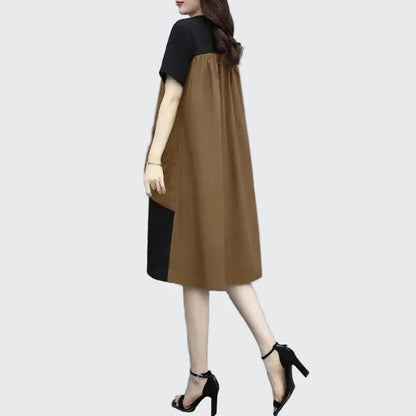 🍒Street style fashion dress t-shirt style short sleeve round neck outfit smart casual women's patchwork and pocket summer wear Patch Up Your Fashion And pocket the Change