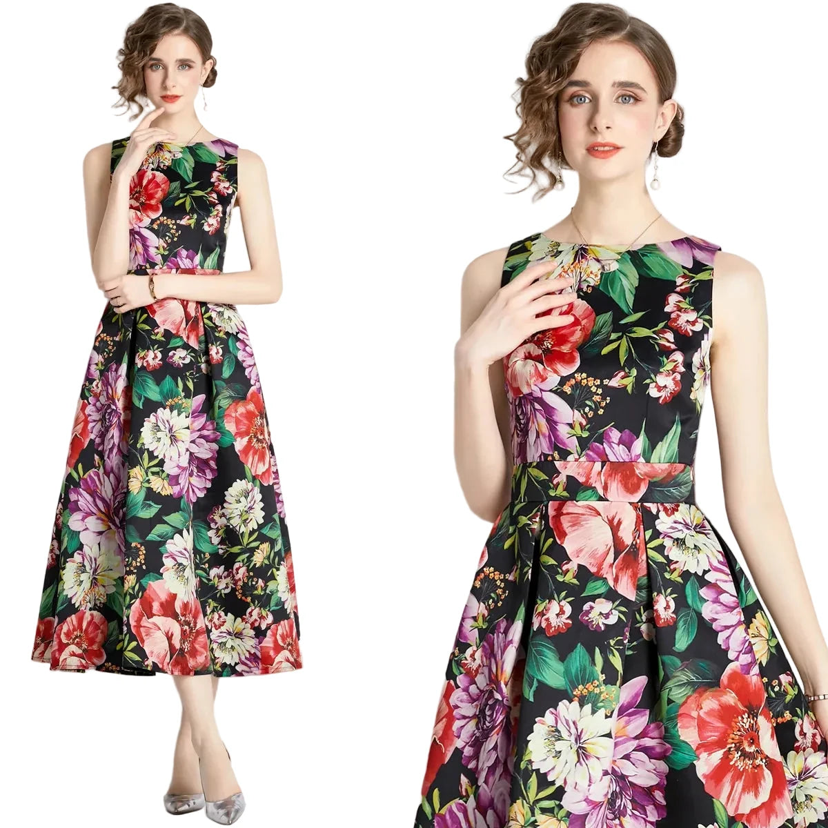🍒Designer fashion dress floral print clothing vintage a line party wear outfit for women birthday dinner retro runway occasion wear  make ARRANGEMENTs for these FLOWERs