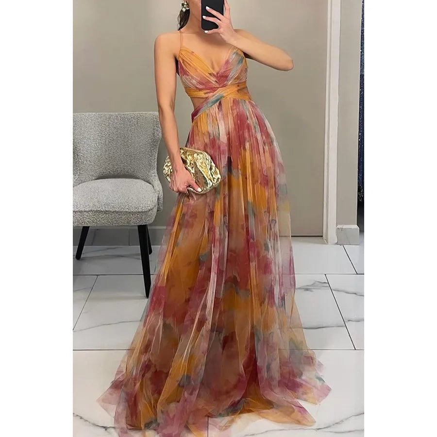 🍒Mesh evening dress spaghetti straps off shoulder vacation fashion outfit for summer party v-neck dress high waist backless occasion wear Mingle In A Mesh