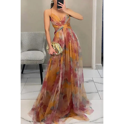 🍒Mesh evening dress spaghetti straps off shoulder vacation fashion outfit for summer party v-neck dress high waist backless occasion wear Mingle In A Mesh