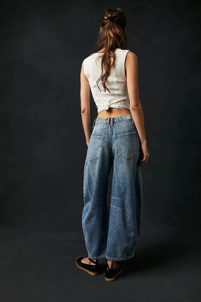 🍒Los middellyf Jeans gebleikte denimstyl vol lengte broeke mode soliede kleur broeke met sakke gemaklike drag vir vroue Barrels Of Style