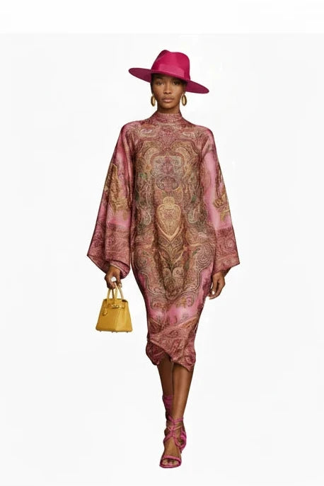 🍒Wide sleeve loose dress smart casual holiday wear occasion wear for women ethnic style outfit silky printed fashion semi high neck runway style midi dress Ethnic Ease