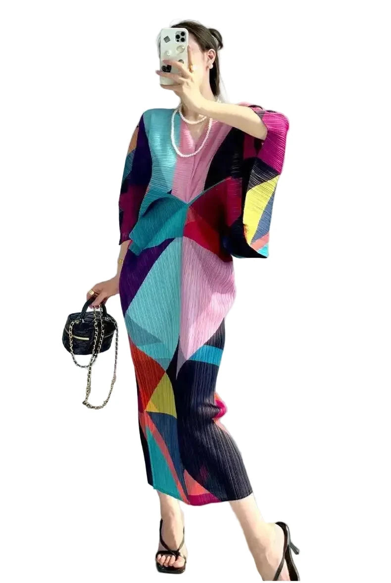 🍒Pleated batwing sleeves dress for women's high end fashion and relaxed printed v-neck holiday wear party occasion plisse clothing multi colour outfit Bag A Batwing
