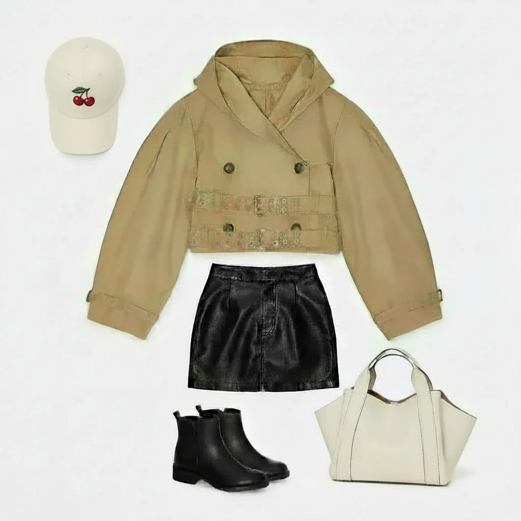 🍒Hooded trench coat women casual puff sleeve outerwear. double breasted belted cropped Jacket khaki fashion clothing                               2.long trench version  Travel Along Cool Double Belt