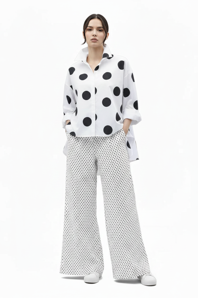 🍒Long sleeve polka dot shirt cotton Button Up high low blouse designer style clothing holiday wear chic fashion wear for women black and white fashion Delightful Dots