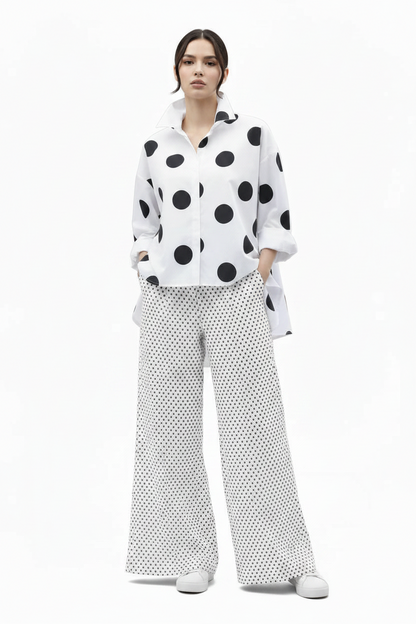 🍒Long sleeve polka dot shirt cotton Button Up high low blouse designer style clothing holiday wear chic fashion wear for women black and white fashion Delightful Dots