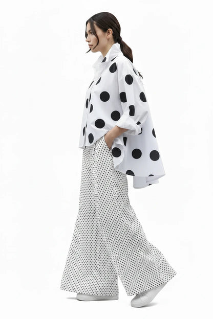 🍒Long sleeve polka dot shirt cotton Button Up high low blouse designer style clothing holiday wear chic fashion wear for women black and white fashion Delightful Dots