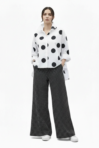 🍒Long sleeve polka dot shirt cotton Button Up high low blouse designer style clothing holiday wear chic fashion wear for women black and white fashion Delightful Dots