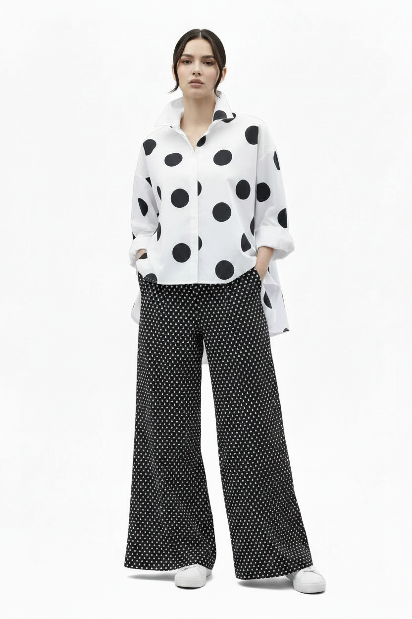 🍒Long sleeve polka dot shirt cotton Button Up high low blouse designer style clothing holiday wear chic fashion wear for women black and white fashion Delightful Dots