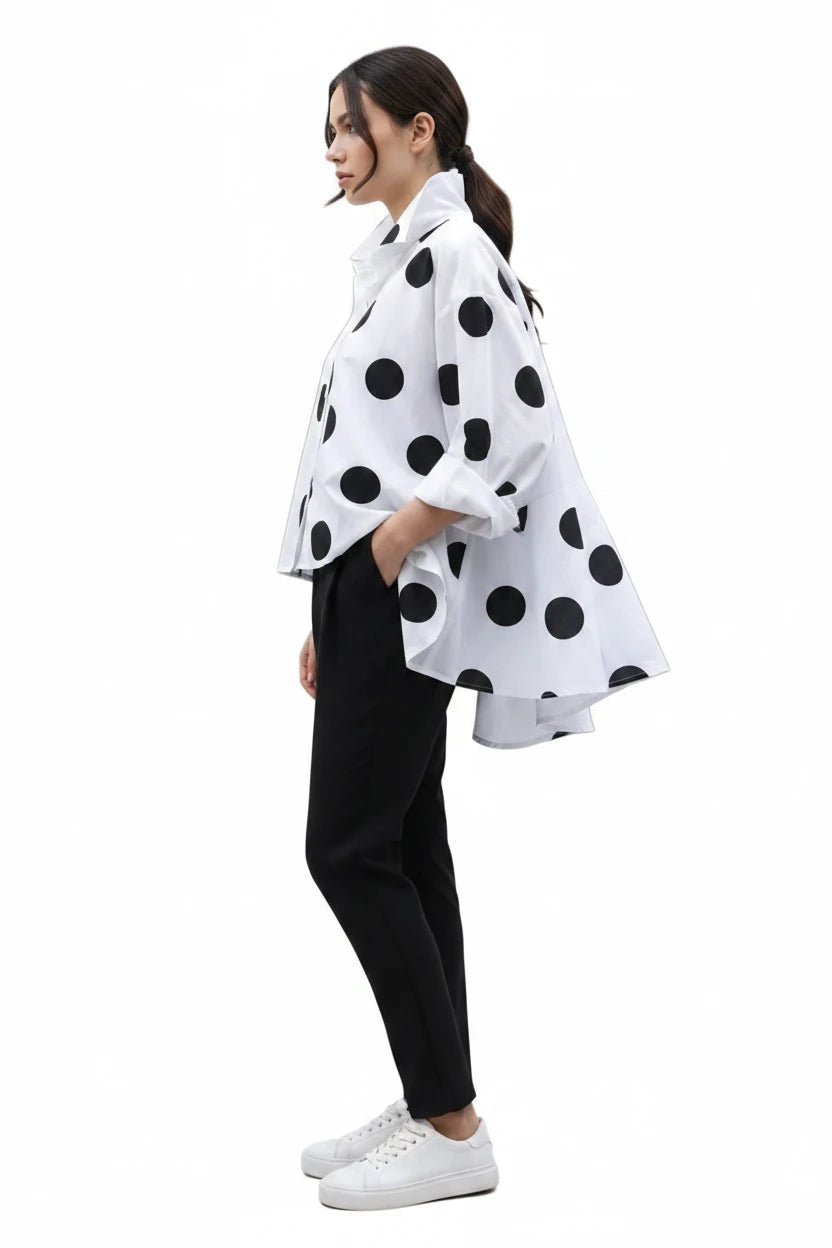 🍒Long sleeve polka dot shirt cotton Button Up high low blouse designer style clothing holiday wear chic fashion wear for women black and white fashion Delightful Dots