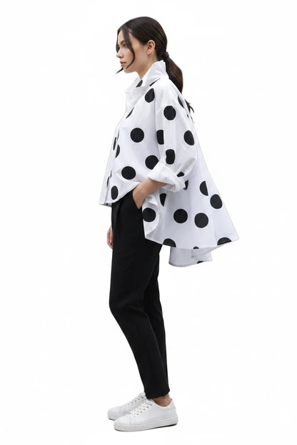 🍒Long sleeve polka dot shirt cotton Button Up high low blouse designer style clothing holiday wear chic fashion wear for women black and white fashion Delightful Dots