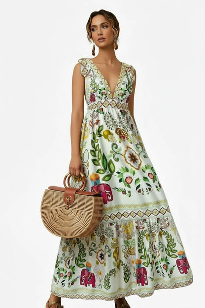 🍒Print moulose uitrusting swaairok v-nek vroue maxi hoë middellyf mode vakansies somerdrag stranddrag Shore Thang