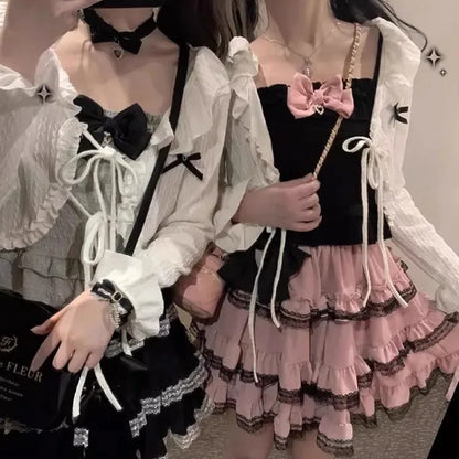 🍒Tiered pink mini skirt harajuku sweet lolita a-line fashion for women Y2k high waist cake skirts with ruched lace summer fashion wear smart casual clothing Put The Cherry On Top And Add This Cake To Your Wardrobe