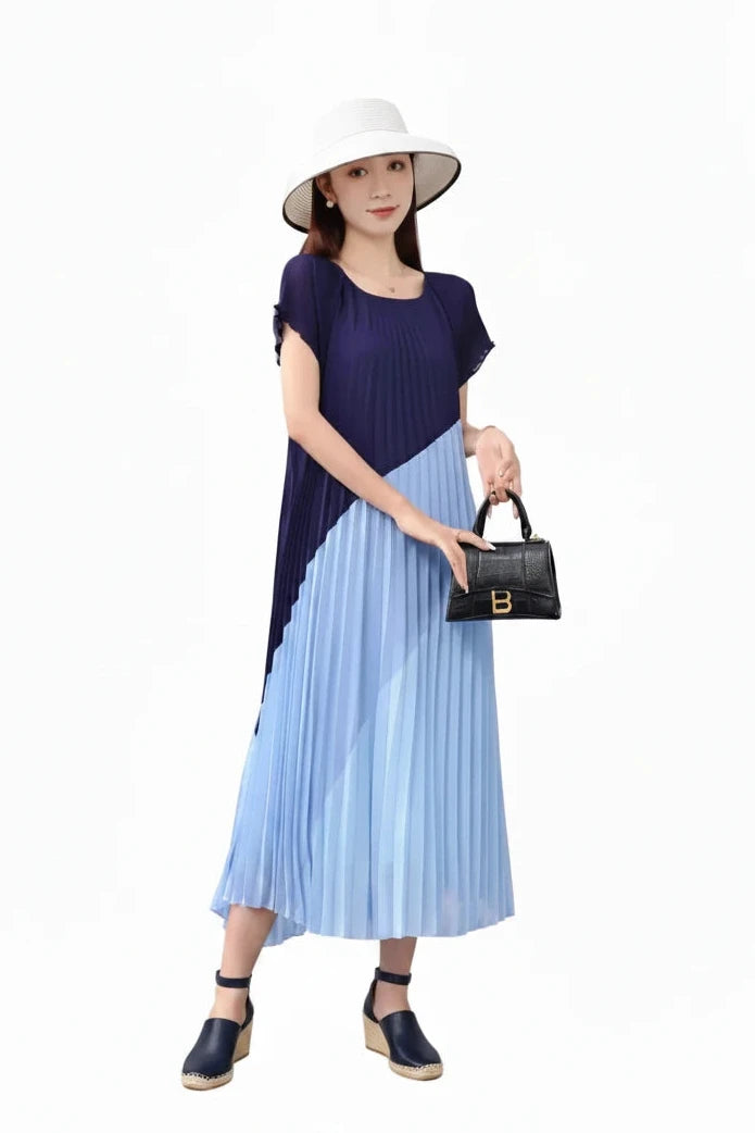 🍒Mid length dresses for women casual outfit short sleeve smart three-residence series round neck clothes fashion pleated loose waist summer wear Angle To A Diagonal