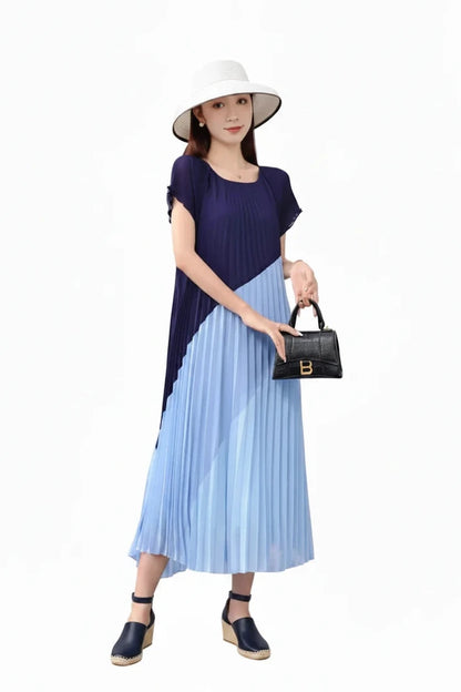 🍒Mid length dresses for women casual outfit short sleeve smart three-residence series round neck clothes fashion pleated loose waist summer wear Angle To A Diagonal