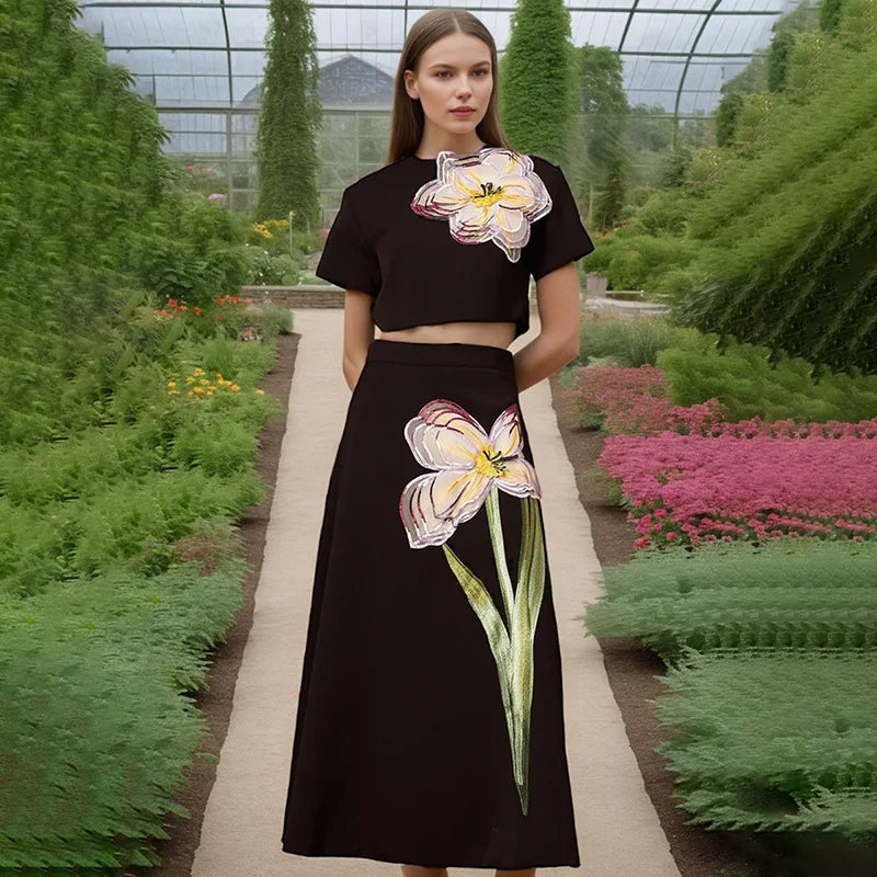 🍒3d flower skirt and top set womens two piece outfits slit back crop top and high waist a-line skirt smart casual wear female Every Body Loves A Flower