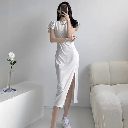 🍒Wit rokke slim gemaklik Vrouemode klere sjiek swart midi uitrusting eenvoudig elegant skraal Y2k styl klere Sny aan die kant Sygleuf Skraal