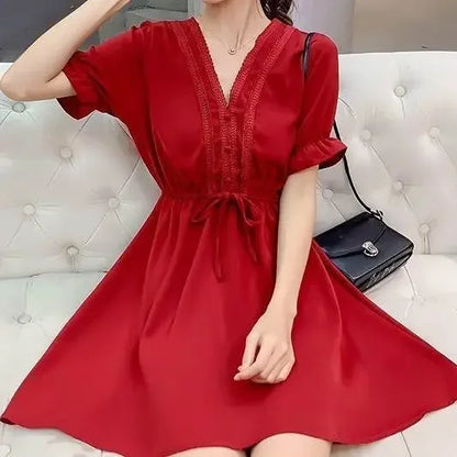 🍒Chiffon satynrok mini dames sagte syagtige uitrustings, roffel, slim gemaklike klere vir somergeleenthede, partytjiedrag, Dainty Dollar Dollar Doll