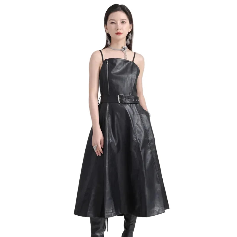 🍒Black faux leather dress spaghetti strap pu outfit with zip front sleeveless belted midi a-line dress party occasion wear sleeveless wear for women Like A Biker