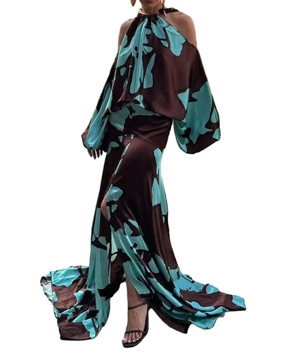 🍒Elegant evening dresses vacation style outfits printed off shoulder with slits party evening wear fashion clothing for women Look Sound In Aqa Brown Gown