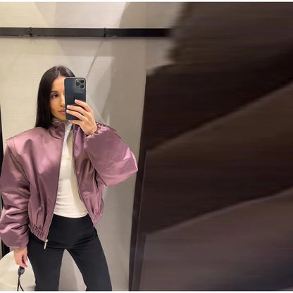 🍒Langmou-bomberbaadjie vir vroue, met ritssluiting en opstaande kraag, buiteklere kort gemaklike baadjie soliede sjiek vroulike satynklere mode Mauve Is In