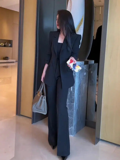🍒Blazer and pant sets two piece wear to work suits flared trousers office professional outfits black smart casual attire for women Acquire Attirre