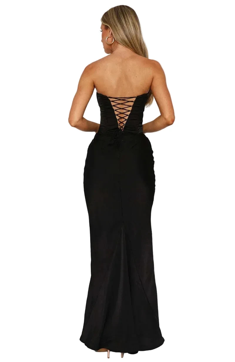 🍒Satin maxi dress womens fashion sleeveless shoulderless Lace-up back bodycon dress clubwear outfits long partywear gown feminine occasion wear Laced With Sugar