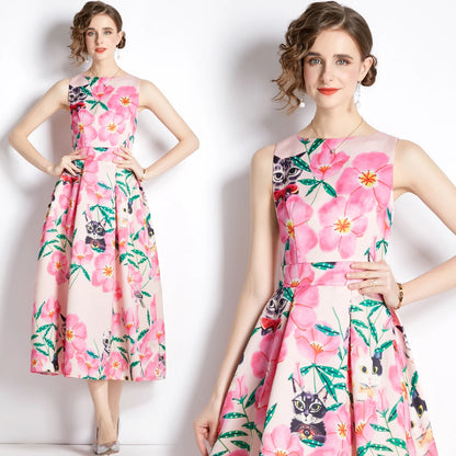 🍒Designer fashion dress floral print clothing vintage a line party wear outfit for women birthday dinner retro runway occasion wear  make ARRANGEMENTs for these FLOWERs