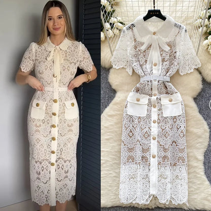 🍒Wit lang kantrok vir vroue kortmou omvou-kraag elegante geleentheidspartytjie troue onthaal uitrusting hoë middellyf Y2k mode Lacey Bow Hou hiervan so sal jy!