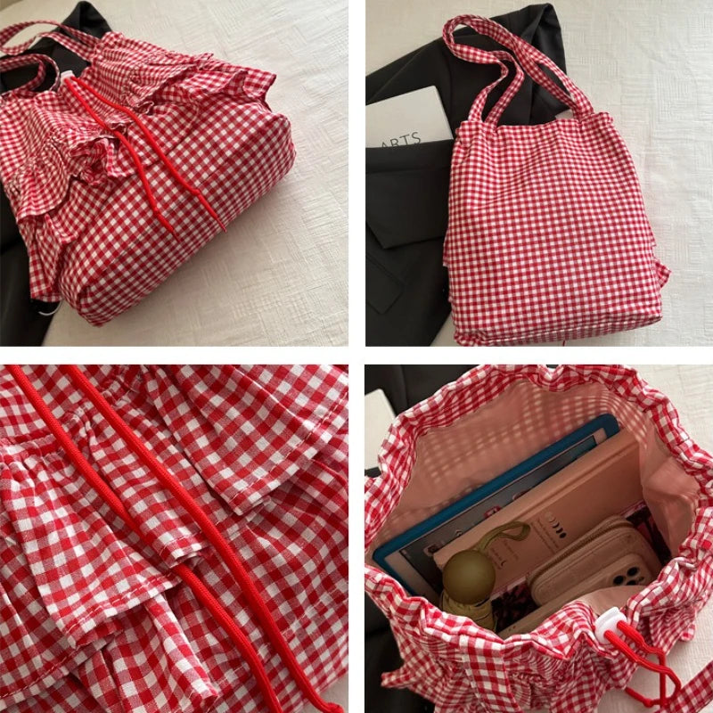 🍒Fashion ruffles check womens drawstring shoulder bag girls commuter womens simple shoulder bag tote bag large capacity handbags