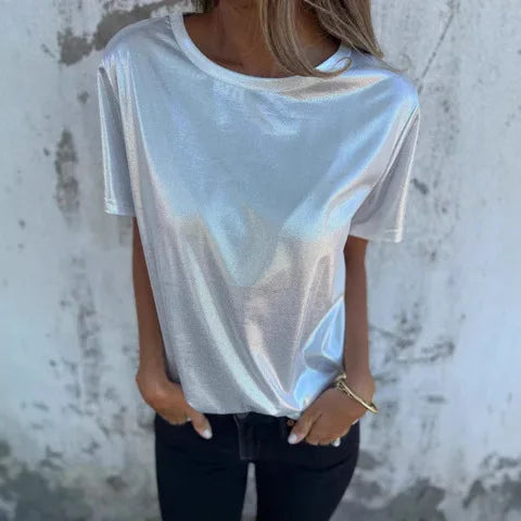 🍒Metaalagtige los top blink kortmou T-hemp dames spesiale geleentheid tops goud T-hemp o-nek mode slim gemaklike damesklere Top 'Talic Tee