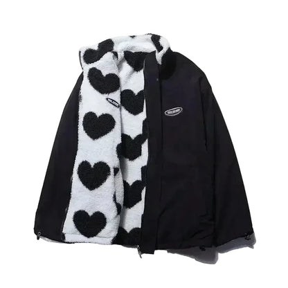 🍒Fashion Stand-up Collar OutwearFaux lambswool fur jacket women's warm coat autumn winter outerwear for women heart print stand collar coat Ya Hearts Printed On This