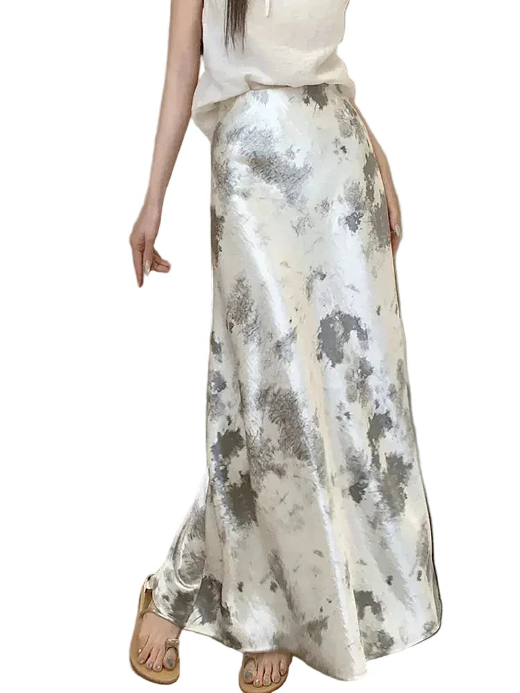 🍒Elastic satin skirt with high waist slimming mid-length floral print high-end feel fish tail skirt shiny for women Slip On A Silky Slippy