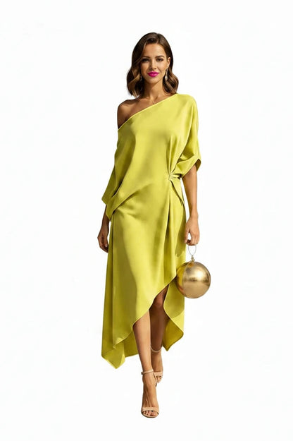 🍒Cold shoulder midi dress loose solid draped knot waist Irregular hem outfit for occasion holiday evening wear women elegant guest wear Pretty Perfect Pinched