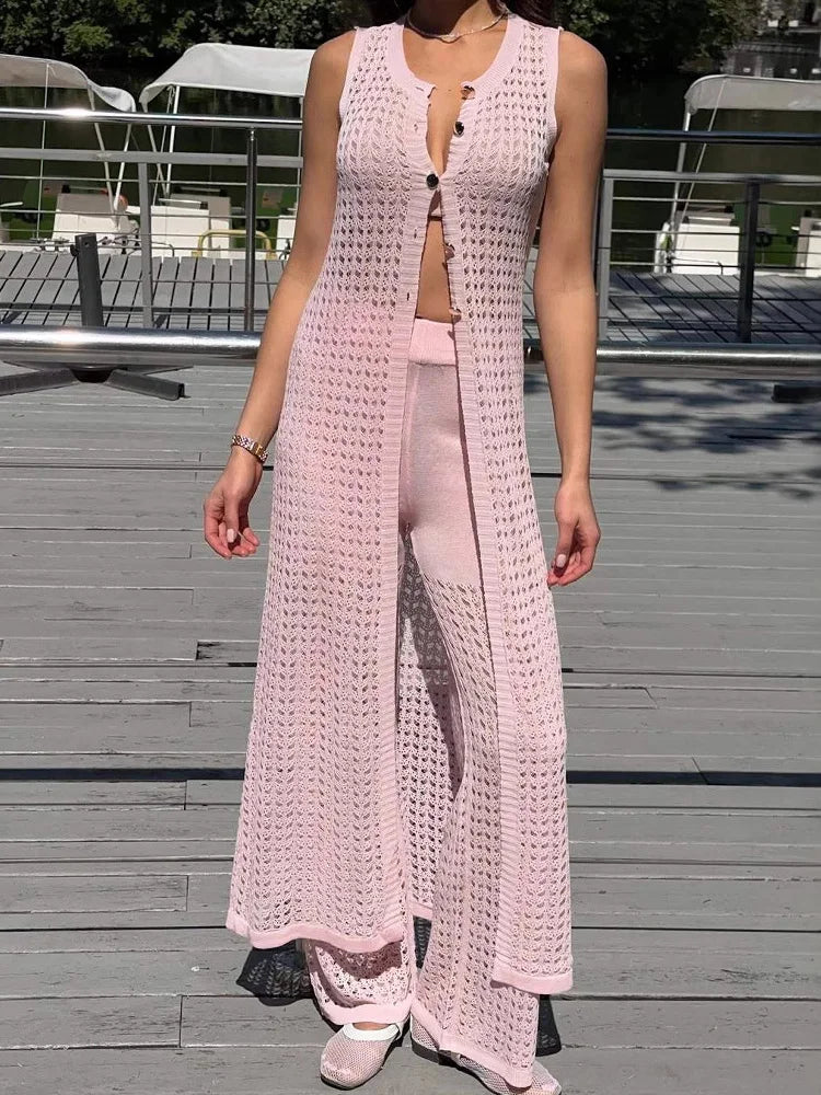 🍒Knit dress set womens summer wear mesh long cardigan cover up dress plus knitted high waist pants 2 piece set casual wear beach wear Cheerful Chalks