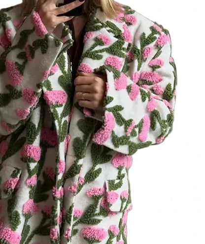 🍒Flower fleece jacket woman loose lapel long sleeve coat single breasted casual coat unique 3D floral outerwear clothing  Floral Fashion Fun Fleece