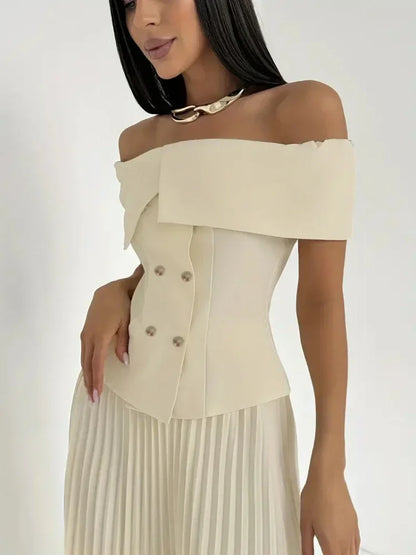 🍒Modieuse tweedelige uitrustings met lang geplooide rompe, maxi-mode en skouerlose toppies pas stelle neutrale klere vir vroue, partytjie-formele drag, partytjiegeleentheidsdrag Verkoel met roomys
