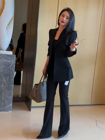🍒Blazer and pant sets two piece wear to work suits flared trousers office professional outfits black smart casual attire for women Acquire Attirre