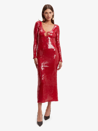 🍒Women's red sequins dress cut out front tie string backless fashion long sleeve evening outfits midaxi shiny party cocktail gowns Catch A Taxi In Ya' Maxi