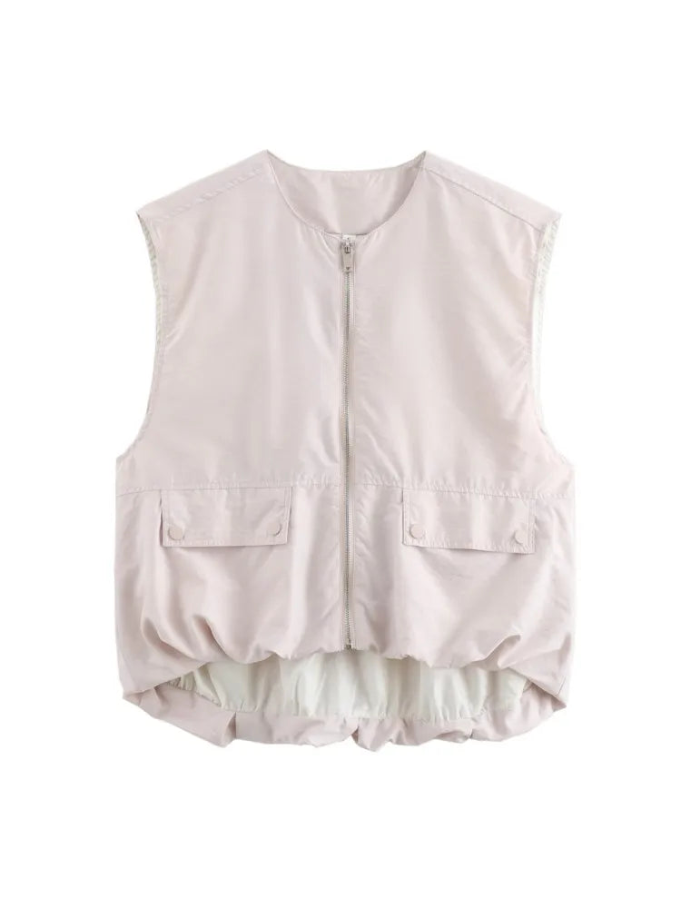 🍒Cargo style vest oversized light jacket o neck spring zipper pocket waistcoat female fashion crop top Y2K casual clothes Spring To This Zipper