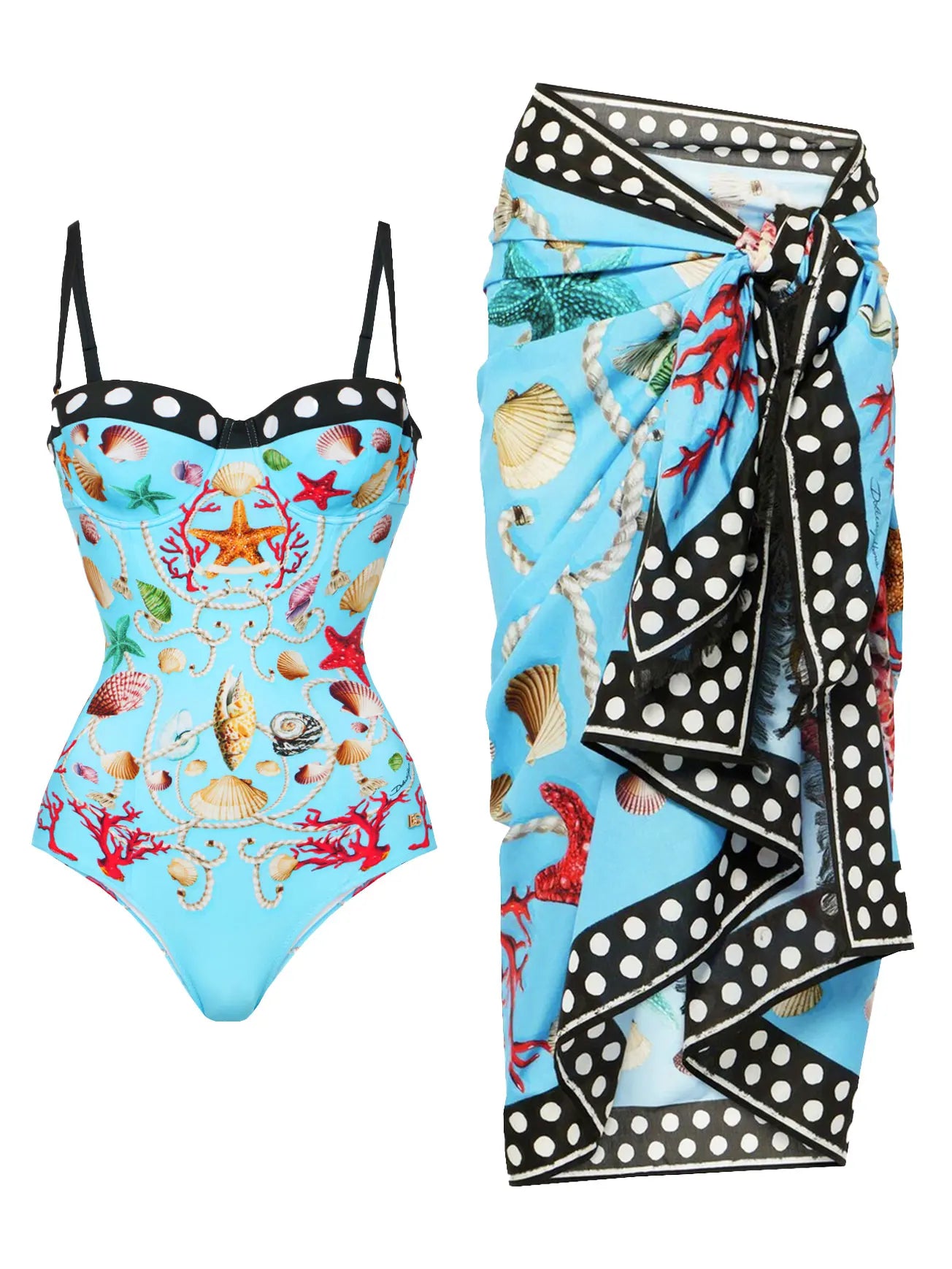 🍒Eenstuk-swemdrag-strandklere met koraal- en skulpafdruk bikini- en sarongstel strandklere vir vroue Sea Sure Set