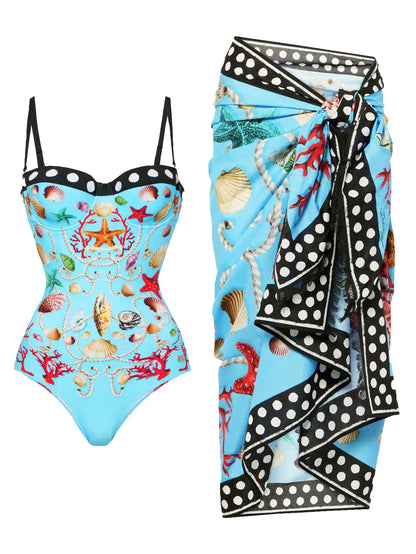 🍒Eenstuk-swemdrag-strandklere met koraal- en skulpafdruk bikini- en sarongstel strandklere vir vroue Sea Sure Set