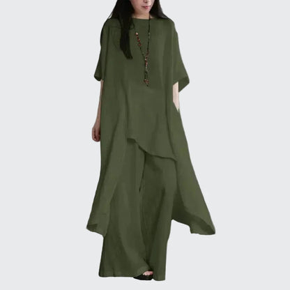 🍒Two-piece set for women shirts and pants outfit holiday cotton linen style wide leg trousers and asymetric top short sleeve blouse suit summer clothing  Layback Loose Linen-y Lovely