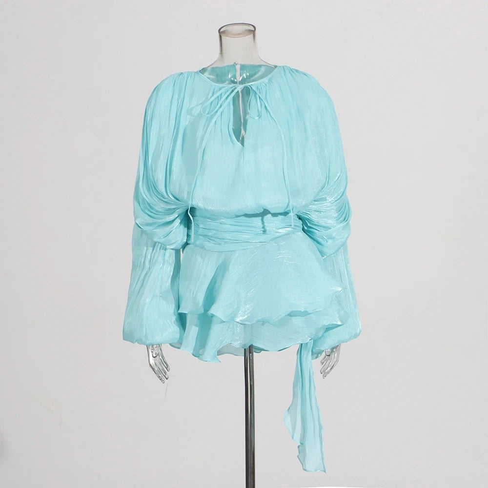 🍒Soliede dasnekrok met hoë middellyf en ruffle vir vroue, langmou mini-partytjieklere, klubdrag, geleentheidsklere, vroulike mode, Swier In Ruffles