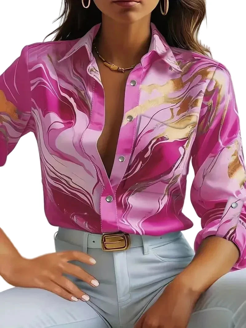 🍒Office blouses for women smart casual spring autumn fashion female business casual fashion colourful print clothing elegant loose long sleeve button shirt Look Marvelous Marble
