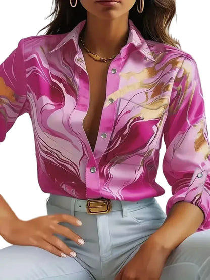 🍒Office blouses for women smart casual spring autumn fashion female business casual fashion colourful print clothing elegant loose long sleeve button shirt Look Marvelous Marble